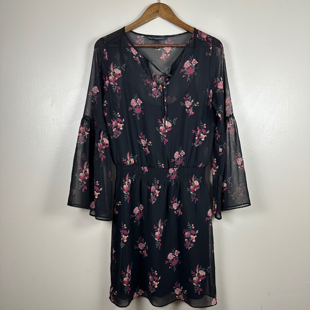 White House Black Market Women's S Dress Black Floral Bell Sleeve Smocked Waist